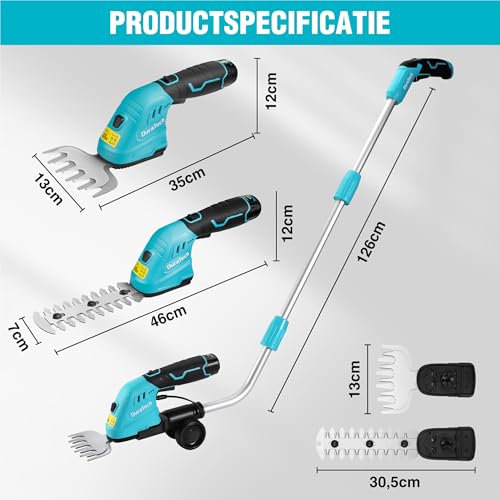 DURATECH 12V accu heggenschaar met telescoopsteel, 2-in-1 tuinschaar accu met 2Ah accupak & oplader, grasrandensnijder elektrische grasschaar, grastrimmer voor tuinieren - Afbeelding 3