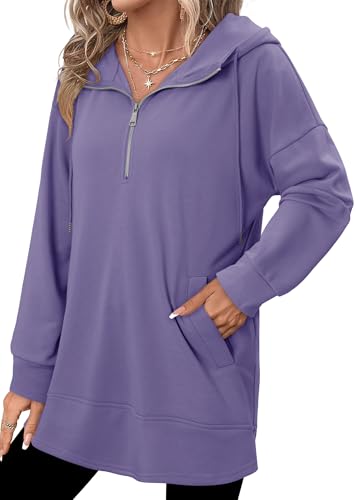 onlypuff Women Hoodie Pullover Trendy Quarter Zipper Lapel Sweatshirts Drawstring Cute Hooded Tunic Tops with Side Pockets