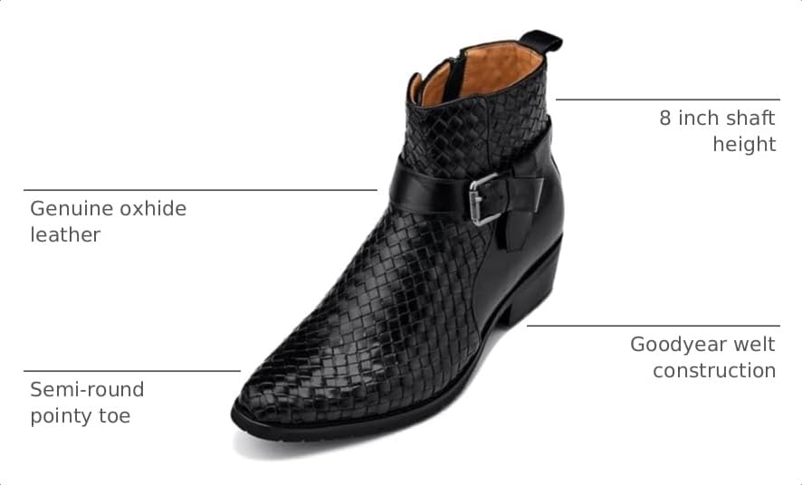 Image of CALTO Men's Invisible Height Increasing Elevator Shoes - Black Premium Leather Woven Ankle Buckle Zipper Boots - 3.3 Inches Taller - K30523 - Size 12 D(M) US