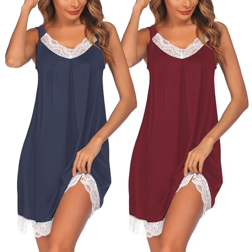 Ekouaer Womens Nightgown 2 Pack Nightgown V Neck Lace Sleepwear Sleeveless Chemise Women's nightgowns & sleepshirts Navy Blue+Wine Red,XL