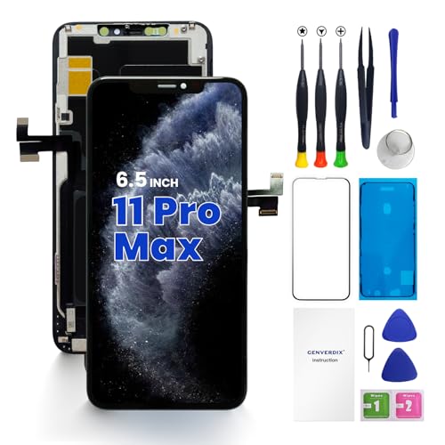 Genverdix for iPhone 11 Pro Max Screen Replacement 6.5 3D Touch LCD Display Full Repair kit, Digitizer Assembly with Tools Set, Tempered Glass Screen Protector, Waterproof Frame Adhesive