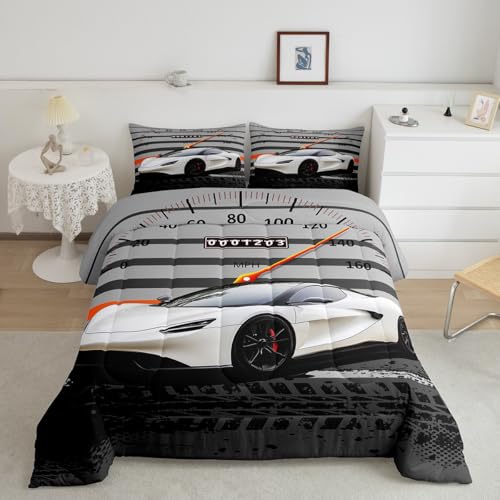Image of Feelyou Black White Race car Airplane Comforter Set Speed Sports Car Bedding Set for Kids Teens Racing Car Comforter Extreme Sports Duvet Set Decor Quilt 2Pcs Twin Size Boys