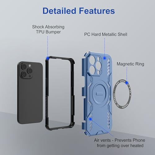 Image of amazon basics Back Case Cover for iPhone 15 Pro Max | Magnetic Case with Built-in Metal Ring | Supports Mag-Safe Charger, Wallet & Car Mount | Shockproof Hybrid PC + TPU | Blue