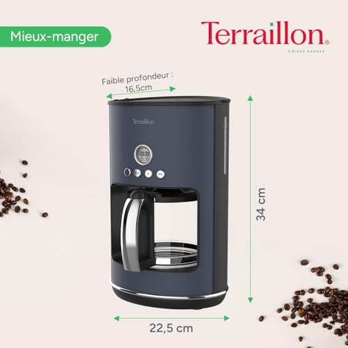 Terraillon - NEW MOON- Elektryczny ekspres do kawy, programowalny, szklany dzbanek, 1080 W, pojemność 1,25 l, utrzymywanie ciepła, funkcja zapobiegająca kapaniu, zdejmowany filtr, malowany korpus ze