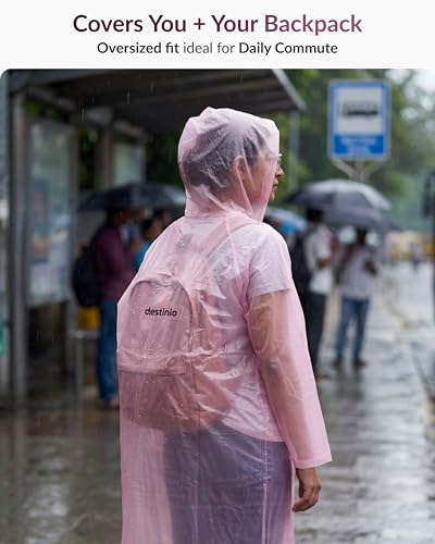 Image of Destinio Poncho for Men, Poncho for Women-Thick Waterproof PVC, Rain Coat, Reusable - Transparent Pocket Raincoat with Hood, Full Cover for Bag in Travel, Trekking, Bike Riders