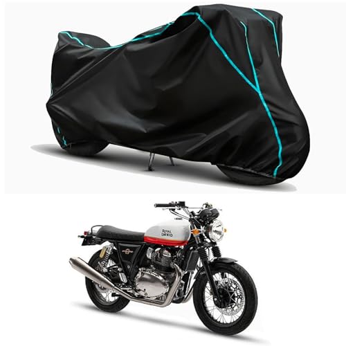Image of Waterproof Bike Body Cover Compatible for | Royal Enfie Interceptor 650 BS6 | Taffeta Fabric, Sky Piping Design, Bottom Elastic Fit | Dustproof, Sun UV & Rain Protection for All Weather.