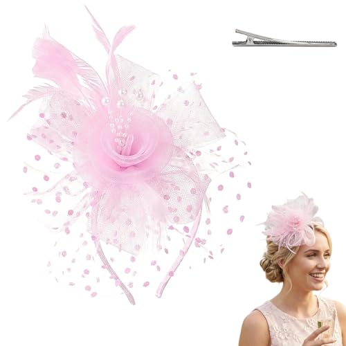 HIVTE Fascinator Flower Headpiece with Mesh Ribbon and Clip Elegant Fascinators for Weddings Women Hair Accessory Elegant Pink Colour Hat for Tea Party and Events
