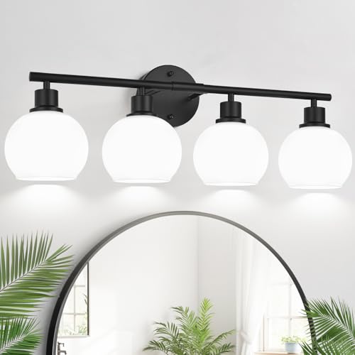 Image of Indoi 4-Light Bathroom Light Fixtures, Black Bathroom Lights Over Mirror with Milky White Frosted Glass Globe Shade, Vanity Lights for Bathroom Kitchen Living Room Hallway Cabinet Bedroom Porch
