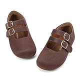 Picture of PANDANINJIA Toddler Girl Dress Shoes Mary Jane Flats Little Kid Dark Brown Suede Flower Girl School Church Size 5 Shoes