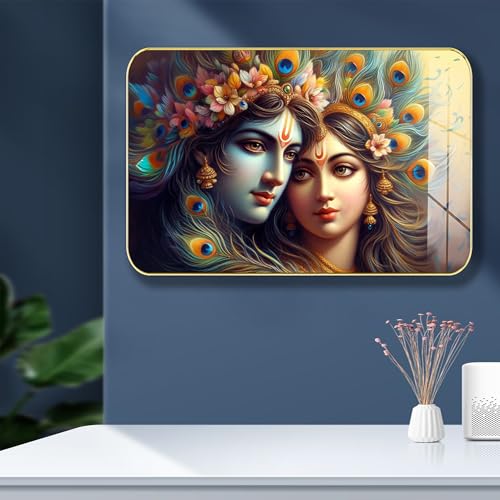 Image of Masstone Radha Krishna Crystal Embedded High Gloss Wall Painting, Golden Slim Frame, 45x30 Cm Wall Art for Living Room, Bedroom, Office & Home Decor (CRG35)