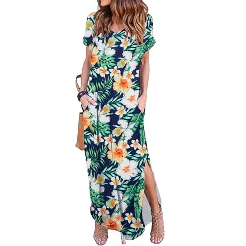 HUSKARY Women's Summer Maxi Dress Casual Loose Pockets Long Dress Short Sleeve Split Maxi Dresses X-Large Green Leaves 02