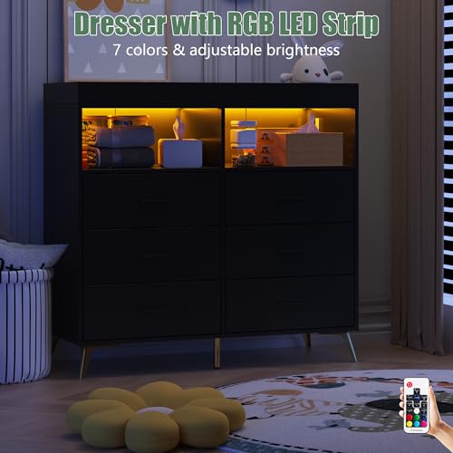 GarveeHome Dresser for Bedroom with 6 Drawers, Baby Changing Table Dresser with Changing Pad, LED Lights & Charging Station, Baby Changing Station with Changing Table Top, Black