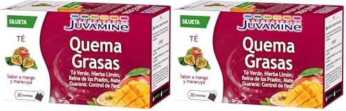 JUVAMINE - Té Quema Grasas - Sabor a Mango y Maracuyá - 20 Bolsitas - Control del Peso - Té verde - Hierba Limón - Reina de los Prados - Mate - Guaraná (Paquete de 2)