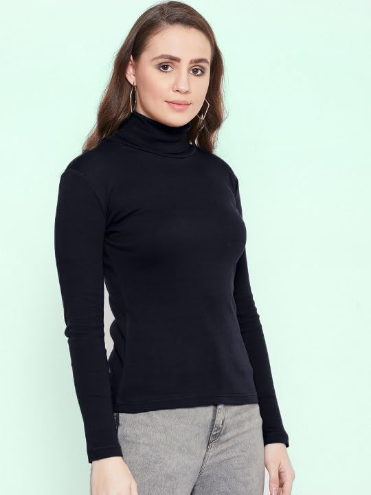 Image of ALONE EAGLE Stylish Black Turtle Neck Cotton Solid Tshirt for Women