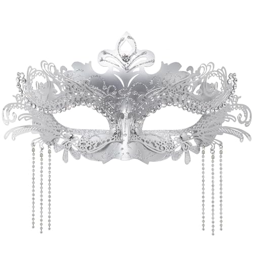 Coddsmz Women Masquerade Mask with Rhinestone Chains Mysterious Venetian Ball Mask Mardi Gras Decoration for Lady Carnival Party Costume Masks (Silver)