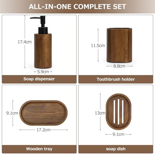 4-teiliges Badezimmer-Zubehör-Set aus verkohltem Bambus, Seifenschale, Seifenspender, Tablett, Zahnbürstenhalter, handgefertigt, feuchtigkeitsbeständig, japanischer Stil