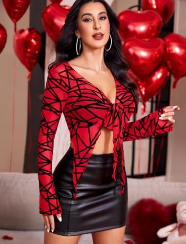 Image of Avidlove Women Mesh Crop Top Y2K Tie Front Tops Rave Top Sheer Cardigan Sexy V Neck Outfits S-2XL