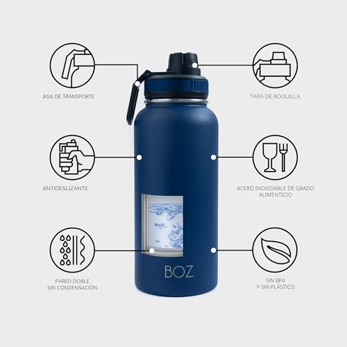 BOZ Botella Agua Acero Inoxidable de 1l, Botella Térmica 1 Litro con Aislamiento de Doble Pared, Termo Agua Fría y Caliente de Boca Ancha Sin BPA, Botella Isotérmica Antiderrame Color Azul Oscuro - imagen 4