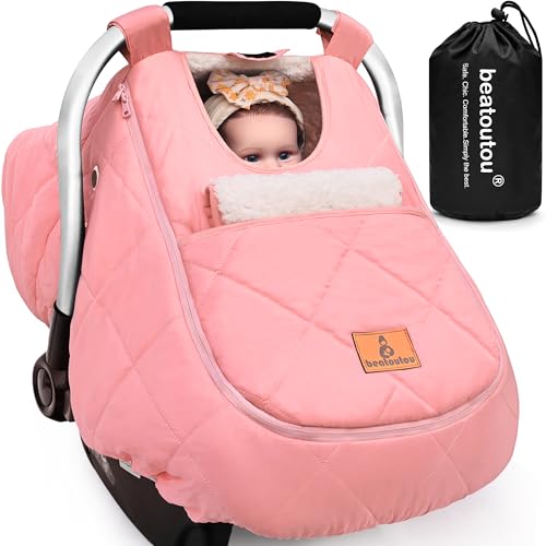 Image of beatoutou Winter Baby Car Seat Cover, Waterproof Winter Infant Carseat Canopy for Girls, Cold Weather Warm Car Seat Covers for Babies, Keeps Babies Warm and Cozy (Pink)