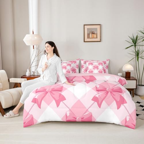 Image of Pink Bow Bed in a Bag King Size Comforter Set 7-Piece | Kawaii Ribbon Bowknot Bedding Sets Princess Bow Tie Comforter and Sheet Set, Dreamy Pink Plaid Bowknot Room Decor,Cute Room Decor Aesthetic