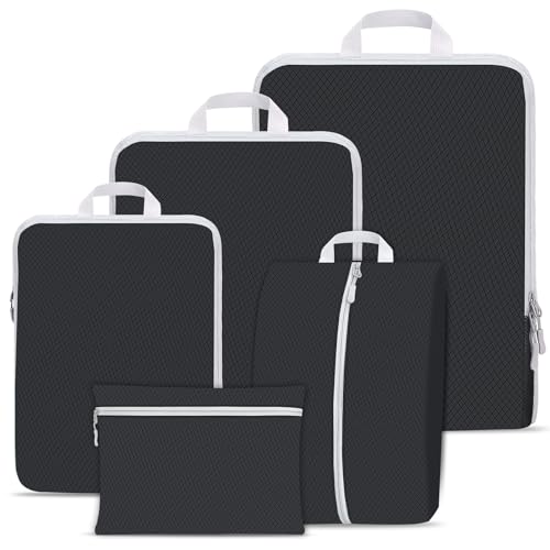 Compression Packing Cubes for Suitcases,Suitcase Organiser Bags,Travel Packing Cubes Compression Set for Backpack,Packing Organisers,Waterproof Travel Organiser Packing Bags (Black, 5 Pack)