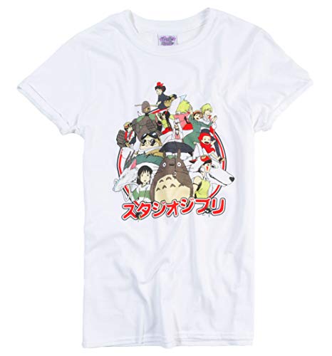 TruffleShuffle Womens Ghibli Japanese Logo White Boyfriend Fit Rolled Sleeve T Shirt