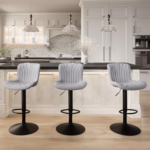 Image of YOUNIKE 3 Grey Bar Stools Modern Swivel Counter Height Bar Chair with Back Adjustable Kitchen Island Faux Leather Padded Barstools taburetes de bar Breakfast sillas para barra de cocina 3PCS