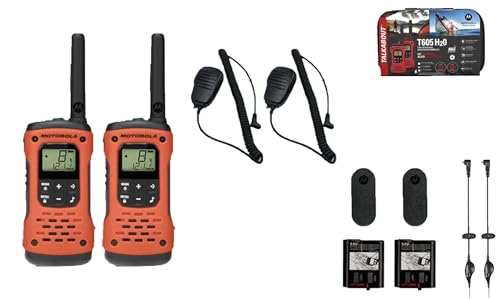 Motorola Solutions, Portable FRS Talkabout T605 H2O Two Way Radios 2-Pack, Walkie Talkies Orange Waterproof Rechargeable, Carrying Case, Orange/Black with 2 Remote Speaker Mics
