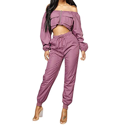 Sexy Two Piece Outfits for Women - Long Sleeve Crop Tops High Waisted Pants Jumpsuit Sexy Club Outfits Purple