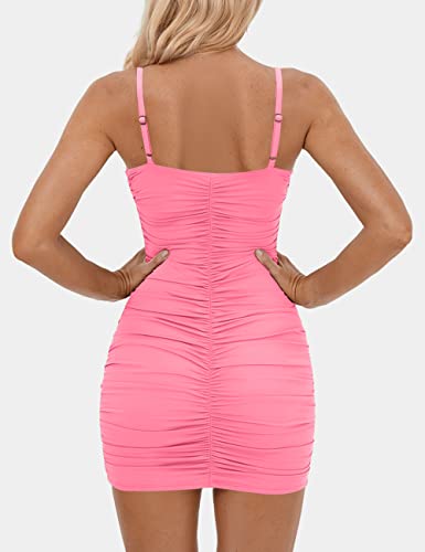 Image of BORIFLORS Women's Sexy Bodycon V Neck Spaghetti Strap Mini Party Dress | Ruched Sleeveless Club Short Dresses