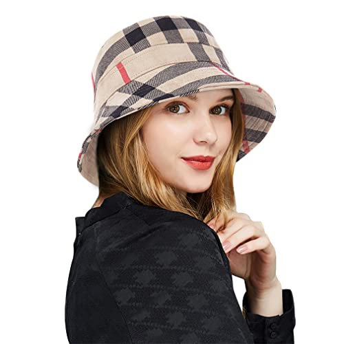Docila Bucket Hat For Women Stylish Plaid Sun Protection Hats Foldable Checks Fisherman Cap Casual Sombrero De Copa Femme Fashionable Bob Visor Hat (Beigekhaki) #TOP1