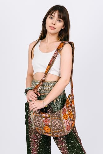 Image of Hobo Crossbody Bag for Women - Handmade Cotton Boho Purse with Wooden Ring | Lightweight Slouchy Shoulder Sling Tote Bag
