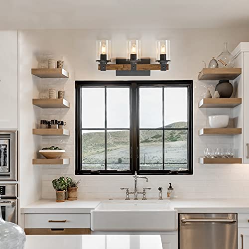 Dujahmland Farmhouse Vanity Light Fixture,3-Light Bathroom Wood Wall Light Over Mirror With Clear Glass Shade, Rustic Vintage Wall Sconce Lighting.(Antique Wood, 3-Light) #TOP6