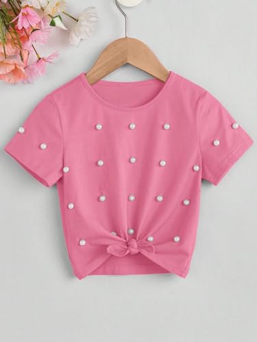 OYOANGLE Girl's Short Sleeve Round Neck Pearl Beaded Tie Knot Hem Tee Top Casual Summer Tops3