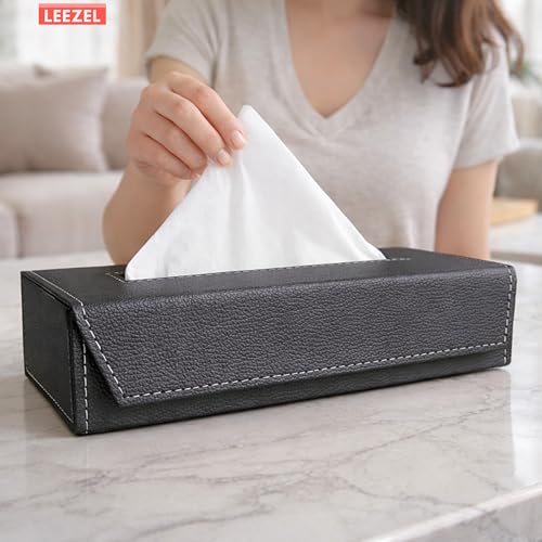 Image of LEEZEL| Tissue Box Holder with 100 Pulls Cotton Rags Tissue | Handcrafted Fine Leather - Like Finish | for Gifting, Office Desks, Cars & Home Decor | Durable & Water Resistant. (Dark Grey)