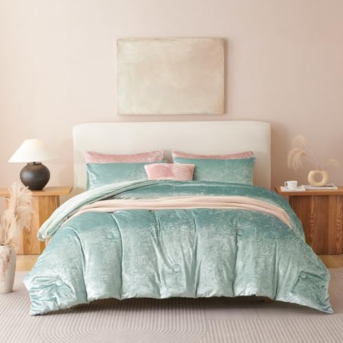 Erwinmu Comforter Set Twin Size Aqua Green,Crushed Velvet Luxury Bedding Set Winter Warm Fuzzy Flannel Bed Set for Girls,Sparkling Comforter and 1 Pillowcase