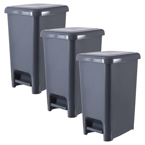 Image of Superio Slim Trash Can with Foot Pedal - 16 Gallon Step-On Trash Can, Garbage Can, Small Trash Can for Bathroom, Kitchen, Office, Patio, or Backyard - Onyx Grey (3 Pack)