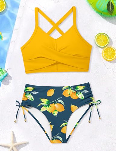 Image of Teen Girls Swimsuits V-Neck Bikini Set Bathing Suits Cross Straps Two Piece Swimwear with Drawstring