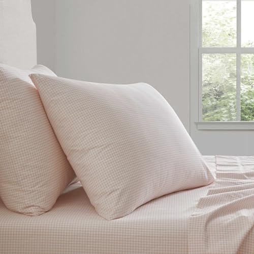 Image of Martha Stewart - Queen Size Sheets Set, Crisp & Tailored Cooling Sheets w /a Naturally Smooth Cotton Percale Lightweight Feel - Bed Sheets with Matching Pillowcases & Fitted Sheet (Small Gingham Pink)
