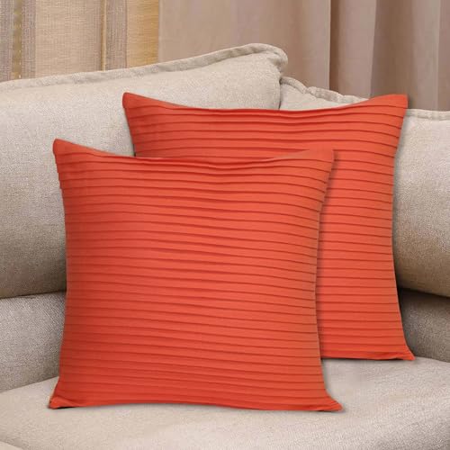 Image of HOME COLORS.IN Cotton Plain Double Side Pleated Cushion Cover - Set of 2-18 x 18 Inch - Outrageous Orange