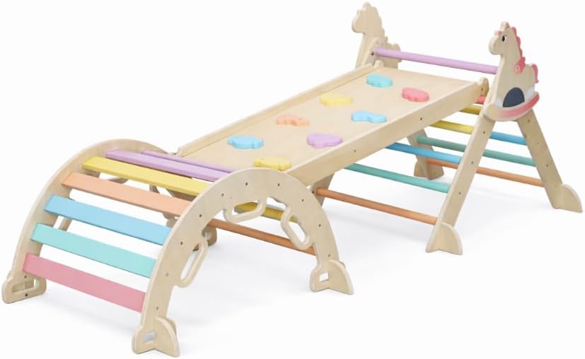 Pikler-Triangle-Set,-7-in-1-Foldable-Toddler-Climbing-Toys,-Wooden-Montessori-Climbing-Set-for-Kids,-Indoor-Playground-Jungle-Gym-for-Toddlers-18-Months-and-Up (Unicorn Pink)