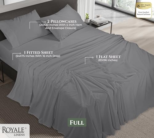 Image of ROYALE LINENS 100% Organic Cotton Full Sheet Set - 16 inch Deep Pocket Bed Sheets - Eco Friendly Grey Bed Sheets - Sabanas Full - 1 Flat, 1 Fitted & 2 Pillowcases - Grey Sheet Set - Cotton Bedding Sets