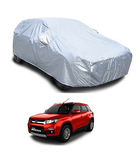 Image of Auto Hub Waterproof Car Cover Compatible with Maruti Brezza (Model-2015-Till Date) with with Mirror Pocket, Soft Cotton Lining, Waterproof Brezza Car Cover- Metallic Silver