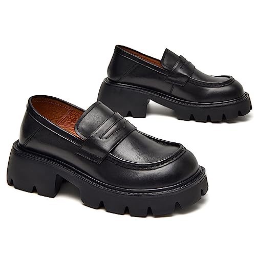 Image of BEAU TODAY Chunky Loafers Women Platform Penny Leather Lug Shoes