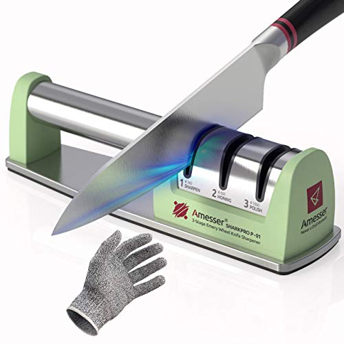 Amesser Knife Sharpener Diamond Wheel - Quickly Sharpen, Honing, Polish Kitchen Knives with 3 Stage Grit 360/600/1000, Anti·Slip Mat and Cut Resistant Glove for Safety (Green) Amesser Knife Sharpener Diamond Wheel - Quickly Sharpen, Honing, Polish Kitchen Knives with 3 Stage Grit 360/600/1000, Anti·Slip Mat and Cut Resistant Glove for Safety (Green)