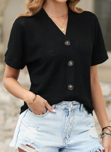 Image of Dokotoo Womens Summer Tops 2026 Waffle Knit Button Down Shirts | Trendy,V Neck,Loose Fit,Jacket,Short Sleeve,Summer Cardigan,Cropped,Shacket,Going Out Outfits,Dressy
