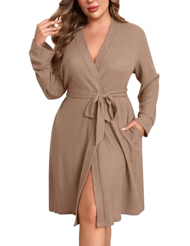 Image of Ekouaer Women's Plus Size Robe Waffle Knit Bathrobe Short Lightweight Kimono Robes with Pockets Maternity Robe 1x-5x