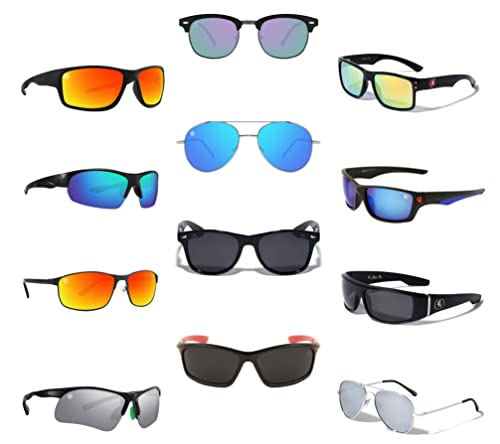 Wholesale Mens Assorted Sport Casual Sunglasses Dozen with 12 Microfiber Soft Pouches