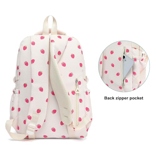 Image of High Middle School Backpack for Girls Travel Kawaii Laptop Kids Bookbag, Strawberry Beige