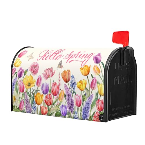 Image of Hello Spring Welcome Flowers Mailbox Covers Magnetic Spring Summer Tulip Outdoor Mailbox Cover Standard 21 inch X 25.5 inch Pink Floral Holiday Mailbox Wrap Post Letter Box Cover Decor for Home Garden Yard